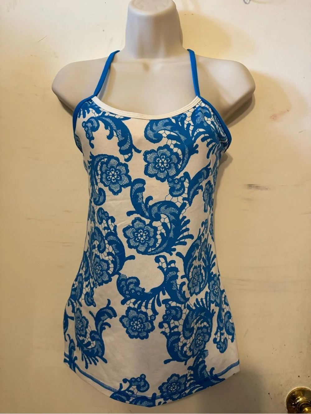 lululemon athletica White Tank Top with Blue Floral Lace-Print